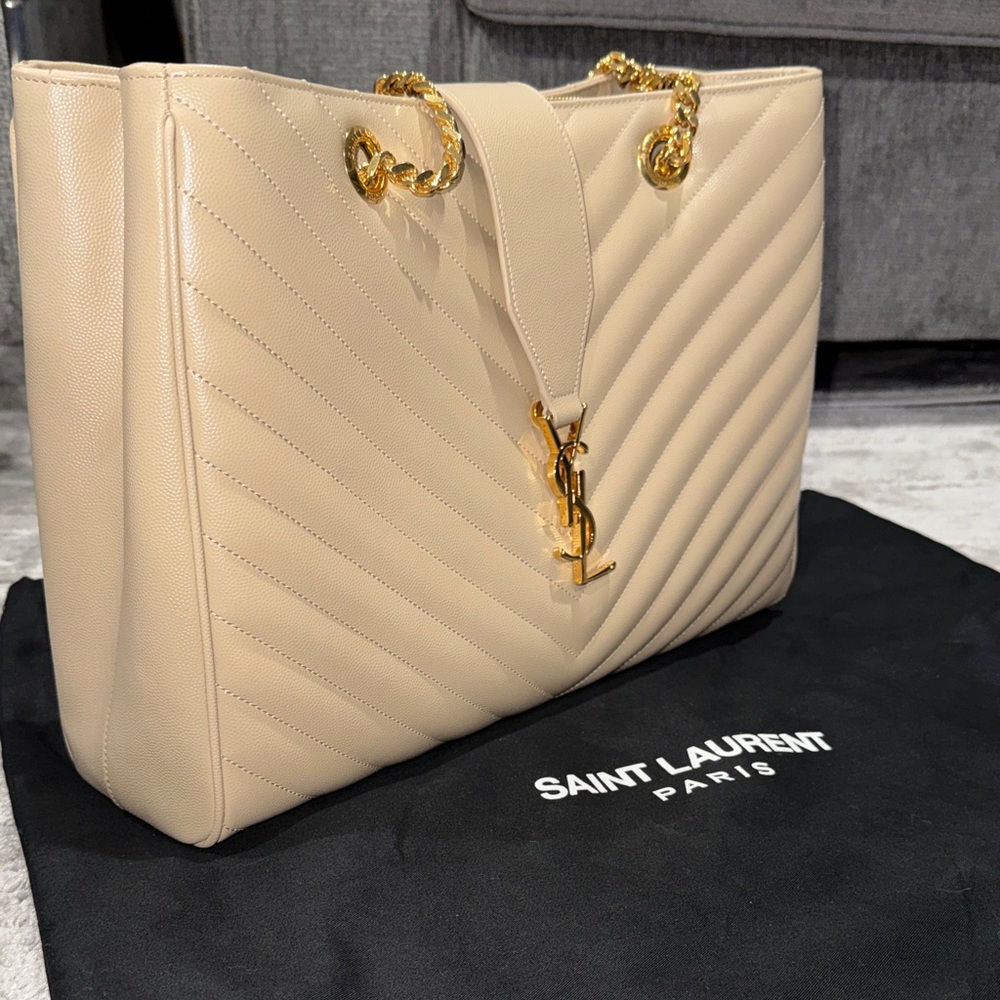 Saint Laurent Beige Quilted YSL Tote with Gold Hardware